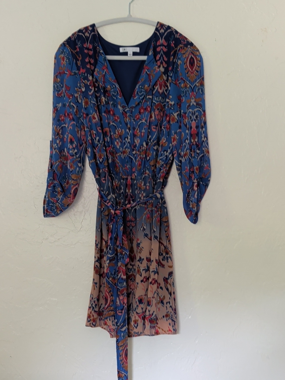 DR2 Blue Multi-Print V-Neck Tie-Waist Long Sleeve Dress